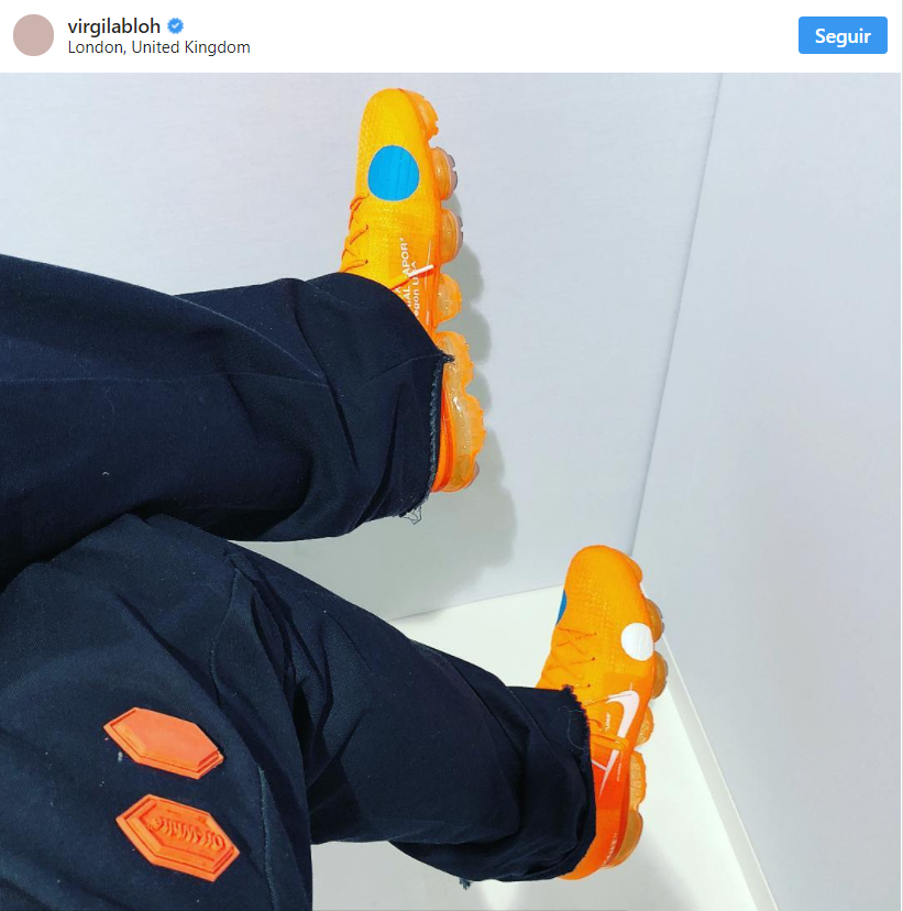 Primeira imagem que Virgil Abloh postou da nova colaboração, revelando os detalhes do "calçado-chuteira" ©Reprodução Instagram