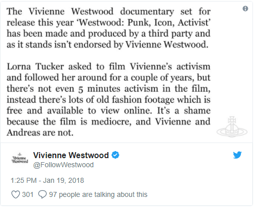 Crítica divulgada por Vivienne Westwood em janeiro deste ano 