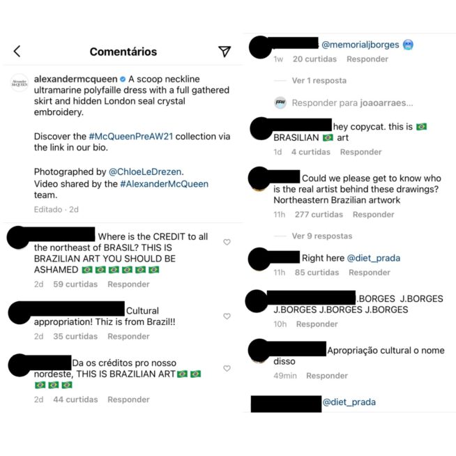 comentários no instagram da marca acusando a suposta apropriação. reprodução
