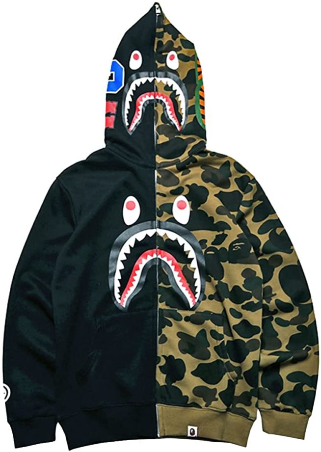 Um dos modelos mais populares da BAPE, a Shark Hoodie | Reprodução