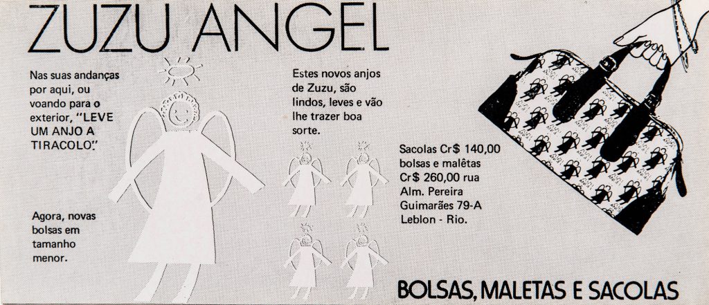 Propaganda apresentando bolsa e logo pela marca de Zuzu Angel, | imagem: acervo Instituto Zuzu Angel